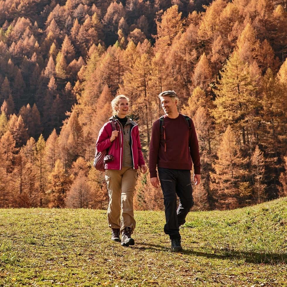 Two hikers walking on a grassy slope with a backdrop of autumnal, golden-hued trees.