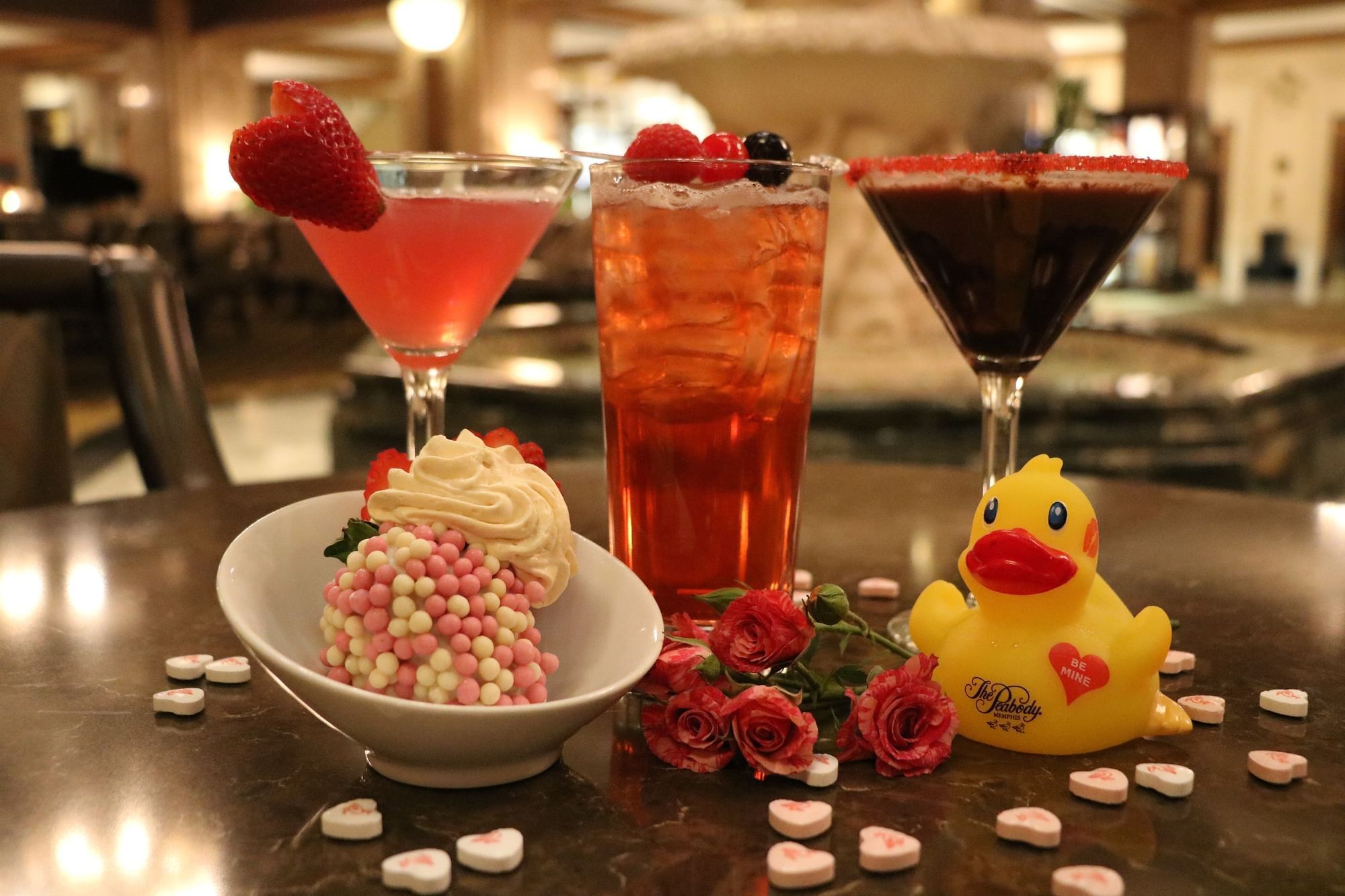 Closeup of juice glasses and dessert plate at Peabody Memphis