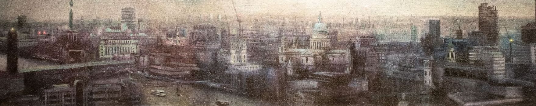 Artistic depiction of the city skyline under a gray sky displayed in a stylish space at The Londoner Hotel