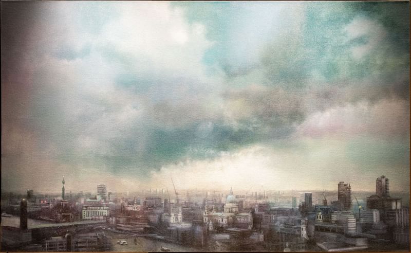 Artistic depiction of the city skyline under a gray sky displayed in a stylish space at The Londoner Hotel