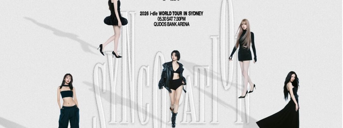 Promotional poster for i-dle's Syncopation Tour 2026 at Qudos Bank Arena.