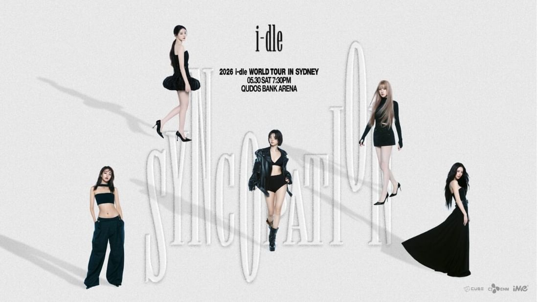 Five women in black attire promoting i-dle WORLD TOUR [Syncopation] 2026 event.