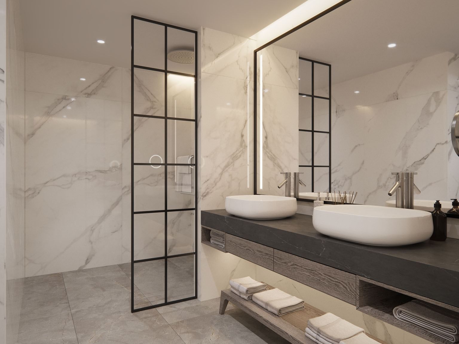 A bathroom with two sinks and towels were provided at Paramount Hotel Midtown