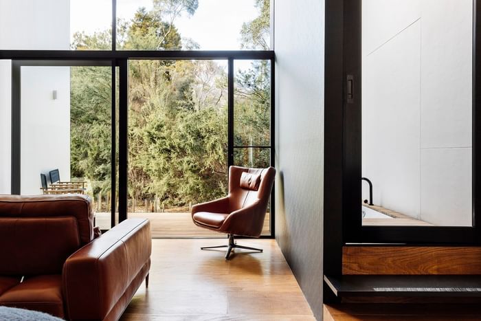 Lounge area in Mountain Terrace Family room at Freycinet Lodge