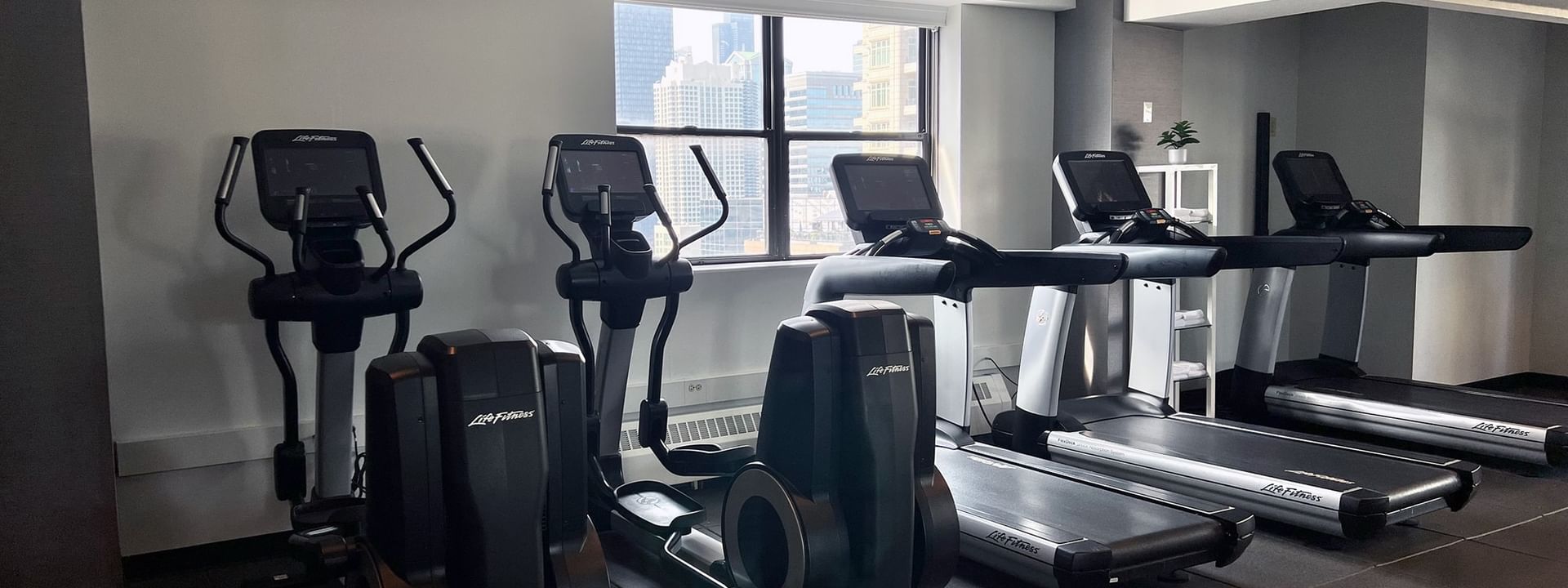 Row of elliptical machines and treadmills in the fitness center, by a window with a city view at Warwick Allerton Chicago