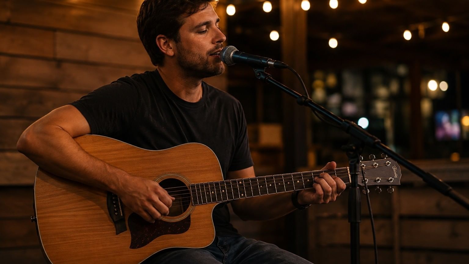 Male musician performing live music with acoustic guitar and microphone in warmly lit venue with string lights.