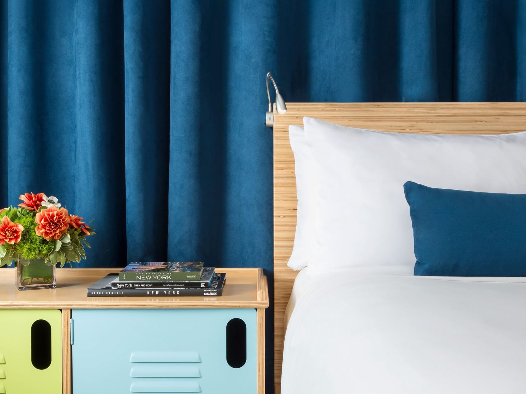 a bed and night stand
