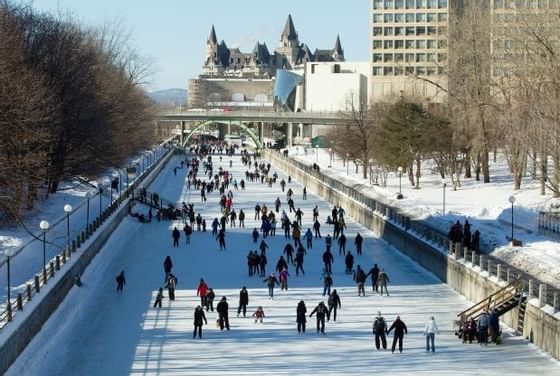 View of people ice skating on rideau canal near ReStays Ottawa