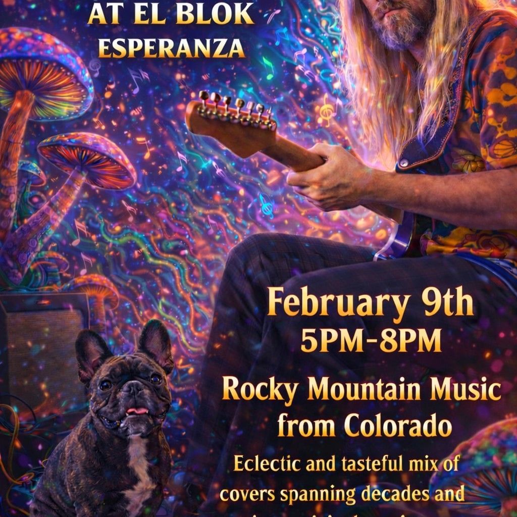 Promotional poster featuring Russ Crossland guitarist with long hair and a French bulldog at El Blok Hotel in Vieques.