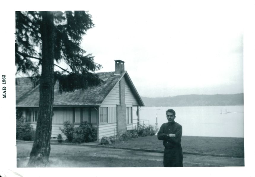 Vintage image of a man standing outside the Alderbrook Resort