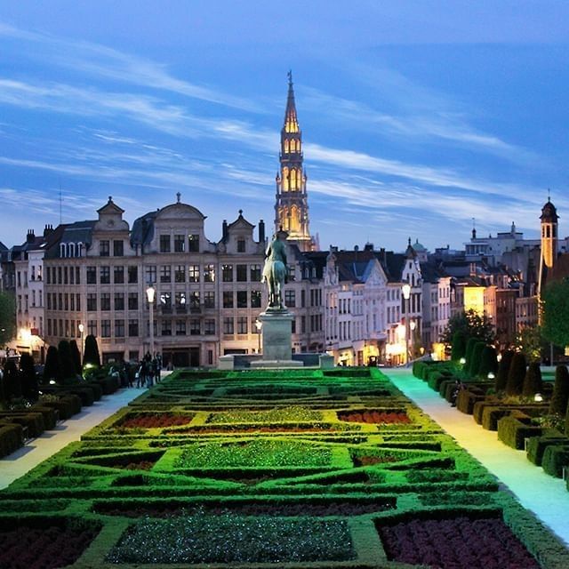 Manicured gardens of Mont des Arts overlooking the Brussels city spire at Hotel Barsey by Warwick