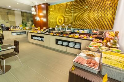 The buffet area served with varieties of food