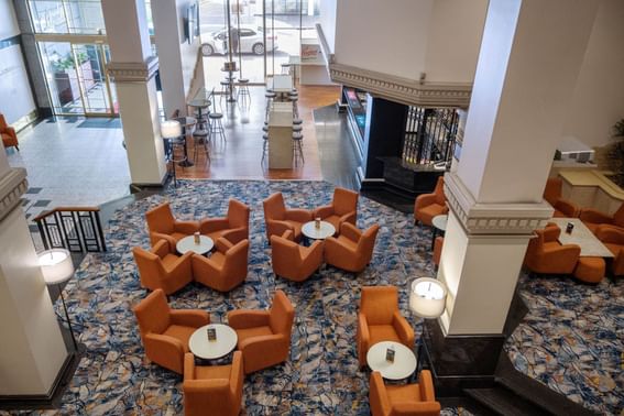 High angle view of the lobby are with bar area at Hotel Grand Chancellor Adelaide