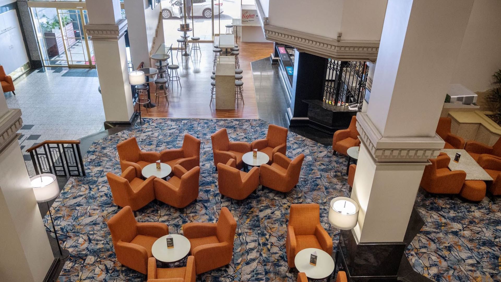 High angle view of Sebastyans Bar lounge area at Grand Chancellor Adelaide