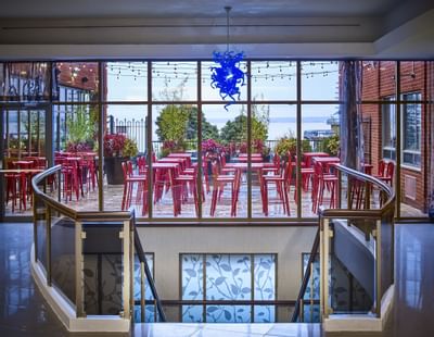 The lobby staircase at Waterfront Hotel Downtown Burlington