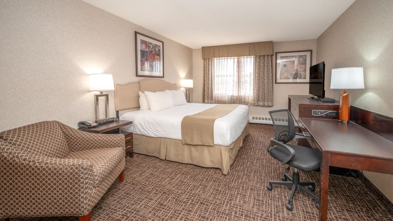 Hotel room with bed, chair, desk, TV, and window with curtains.