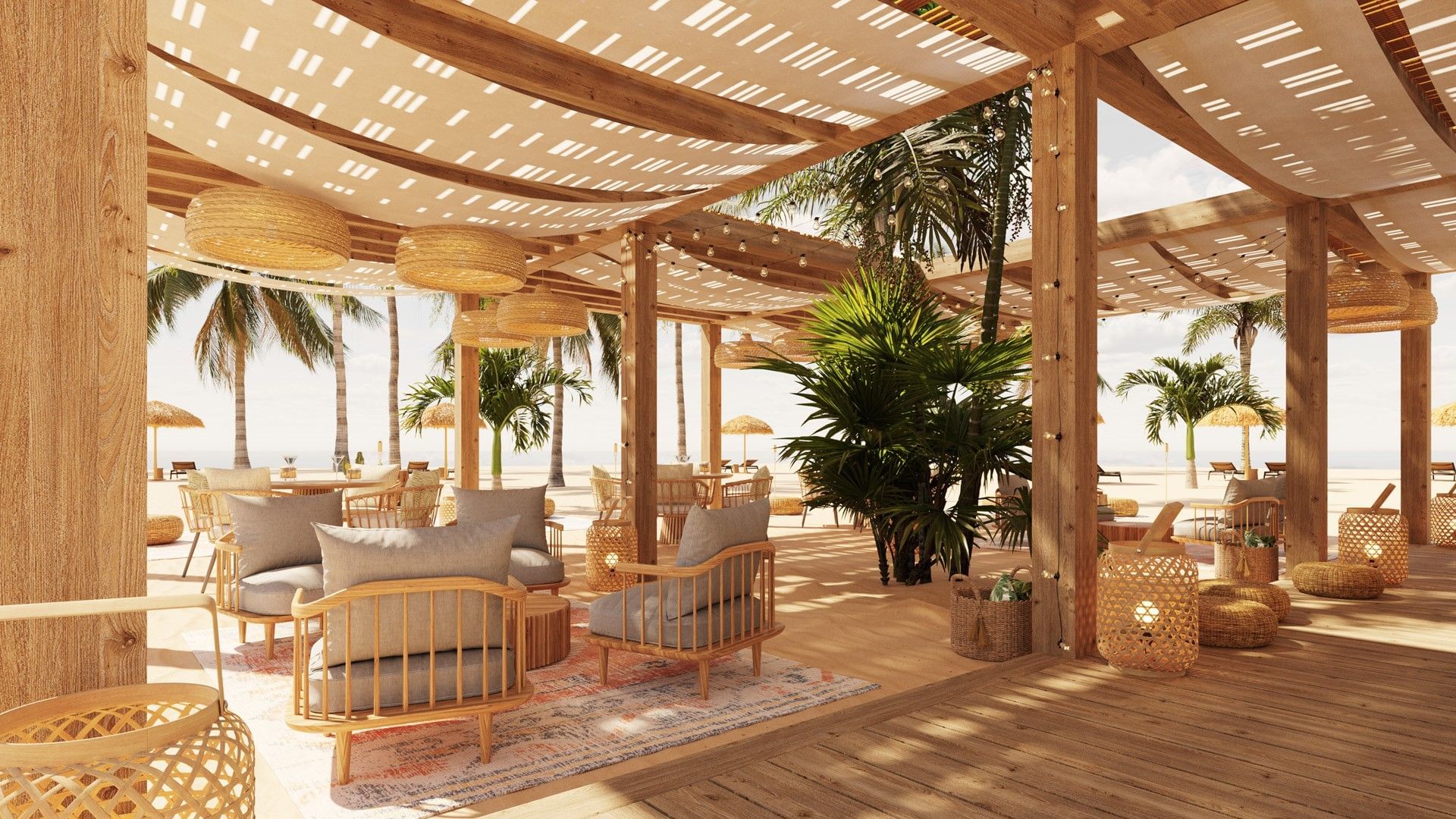 Salón relajante frente a la playa en Fiesta Americana Funeeq Punta Cana con sillones y lámparas de mimbre bajo sombra