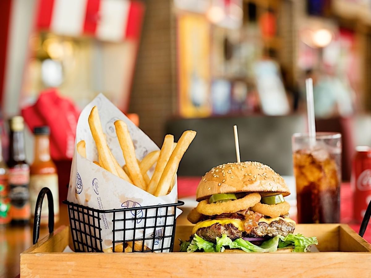 Burger with fries served at Palacio Mundo Imperial