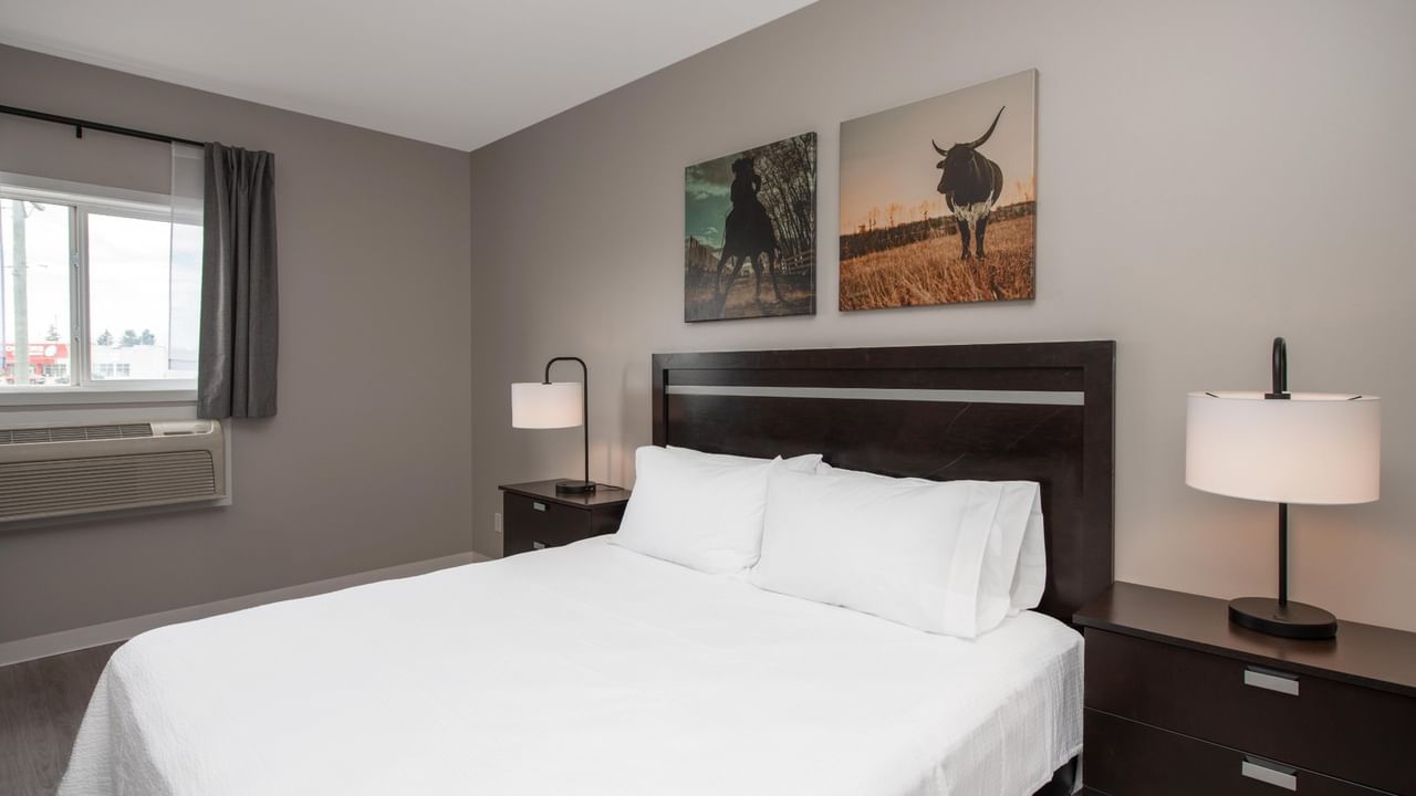 queen bed at Coast Innisfail Hotel with bedside lamps and artwork