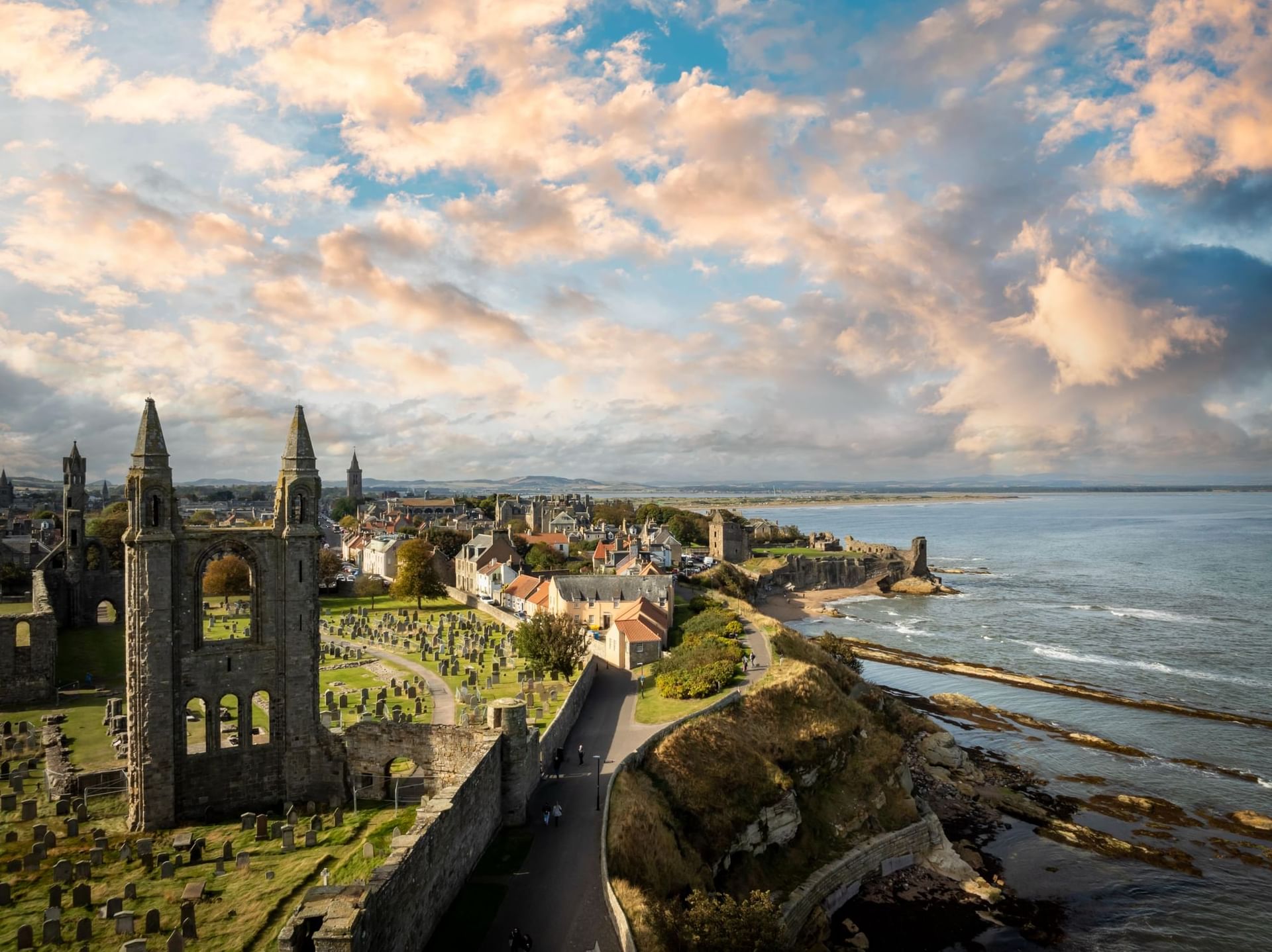 Aerial view of the city by the sea and St Andrews Castle near Hotels Fife Scotland
