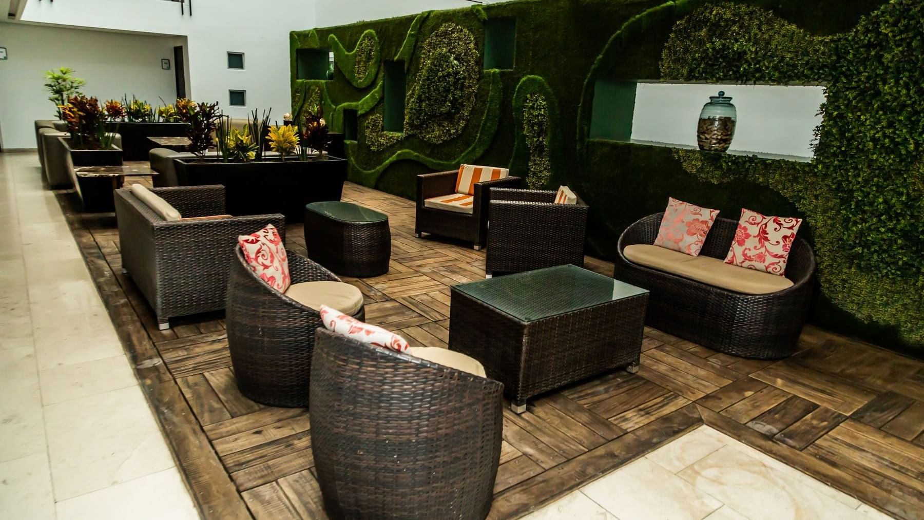Sofas, coffee tables, wooden floor & indoor plant decor at Gamma Puebla Senorial Centro