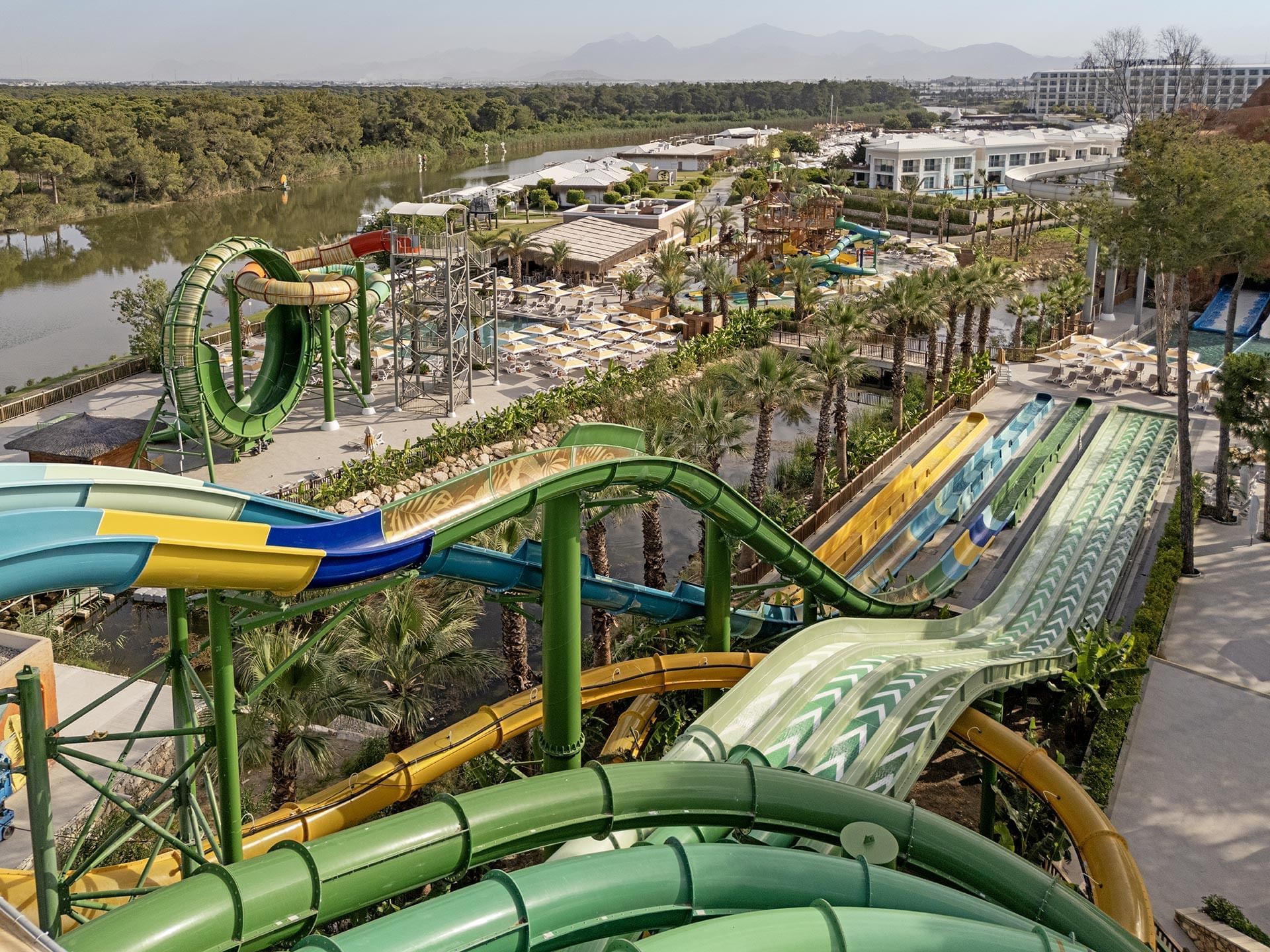 High-angle view of Aquapark Slides on a sunny day at Titanic Deluxe Golf Belek