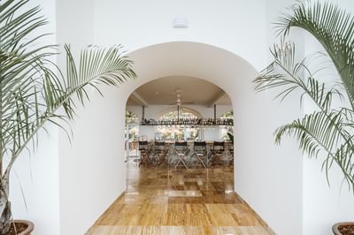 White archway leads to bar with wooden floor, stone counter, and tropical plants on either side.