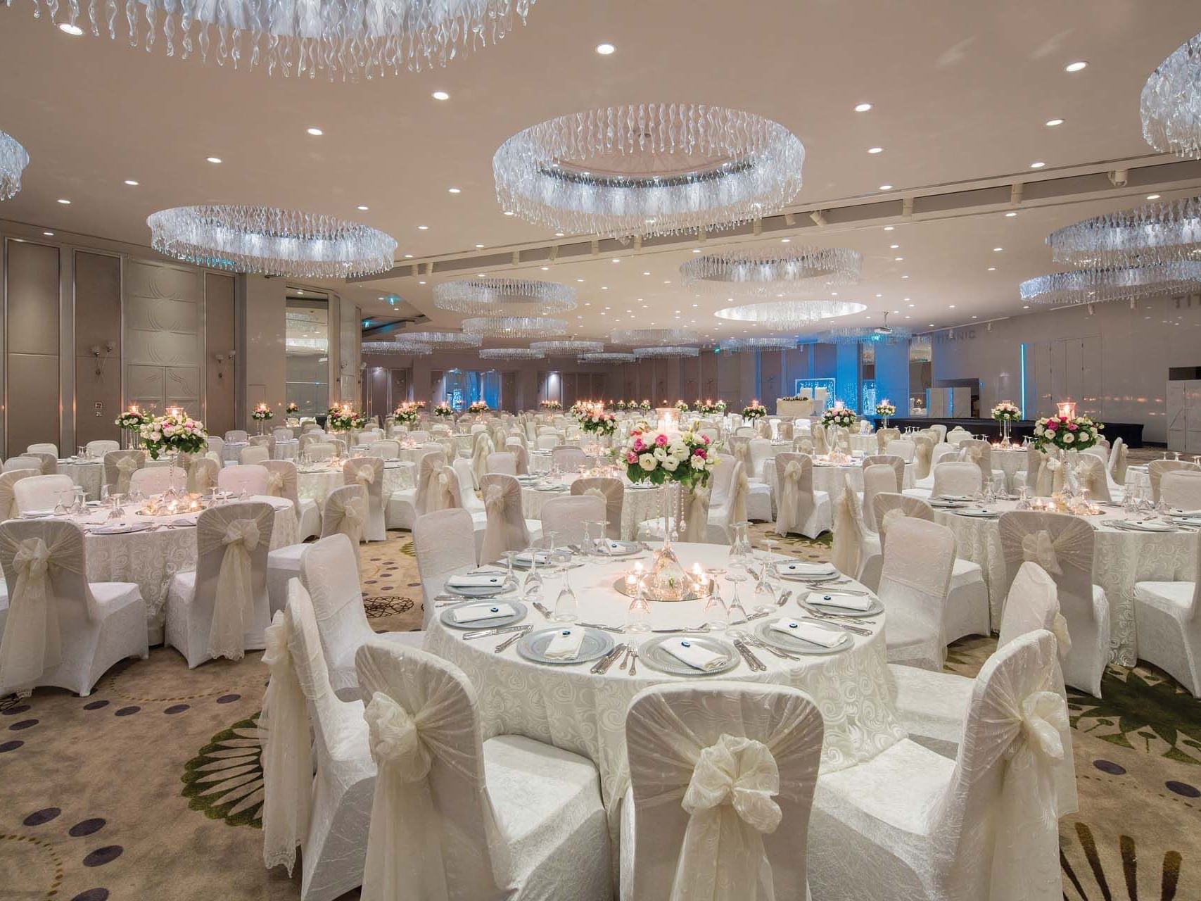 banquets arranged with chairs for a wedding in Pacific Main Hall at Titanic Deluxe Lara
