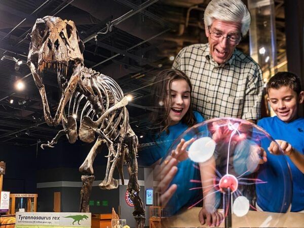 Dinosaur and children experimenting at Orlando Science Centre near Lake Buena Vista Resort Village & Spa