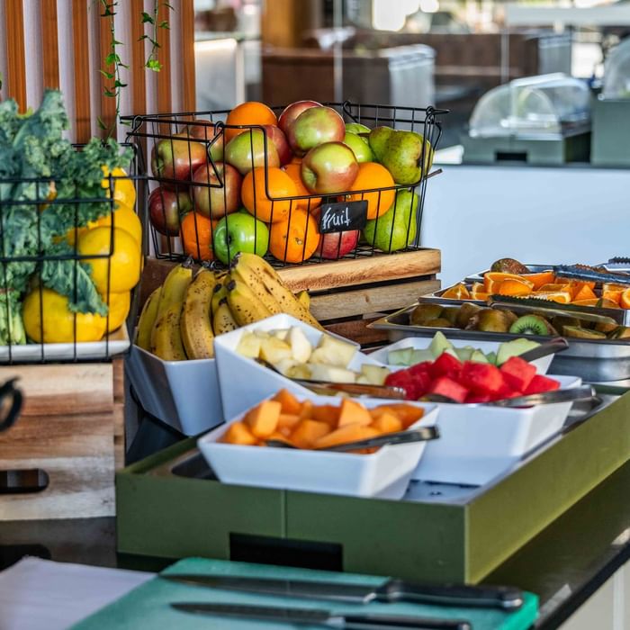 Assorted fresh fruits displayed in baskets and trays at Buffet Breakfast, Mercure Kooindah Waters
