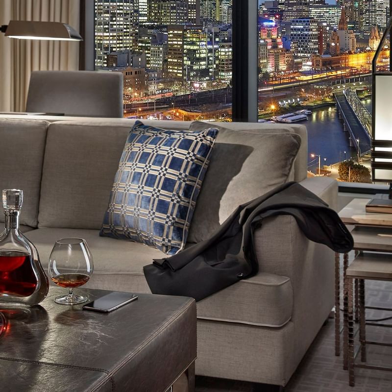 Close-up of sofa set in a living room at Crown Towers Melbourne