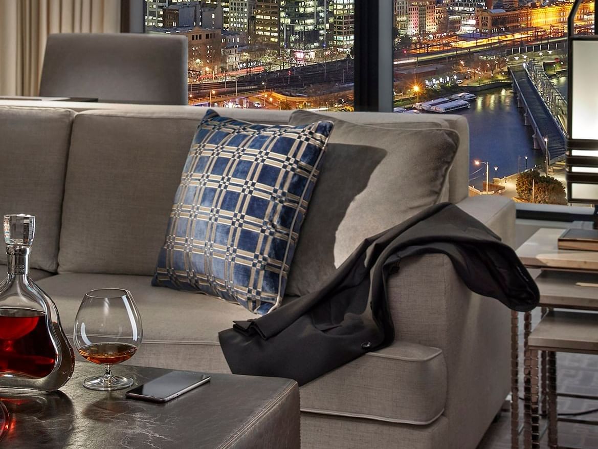 Close-up of sofa set in a living room at Crown Towers Melbourne