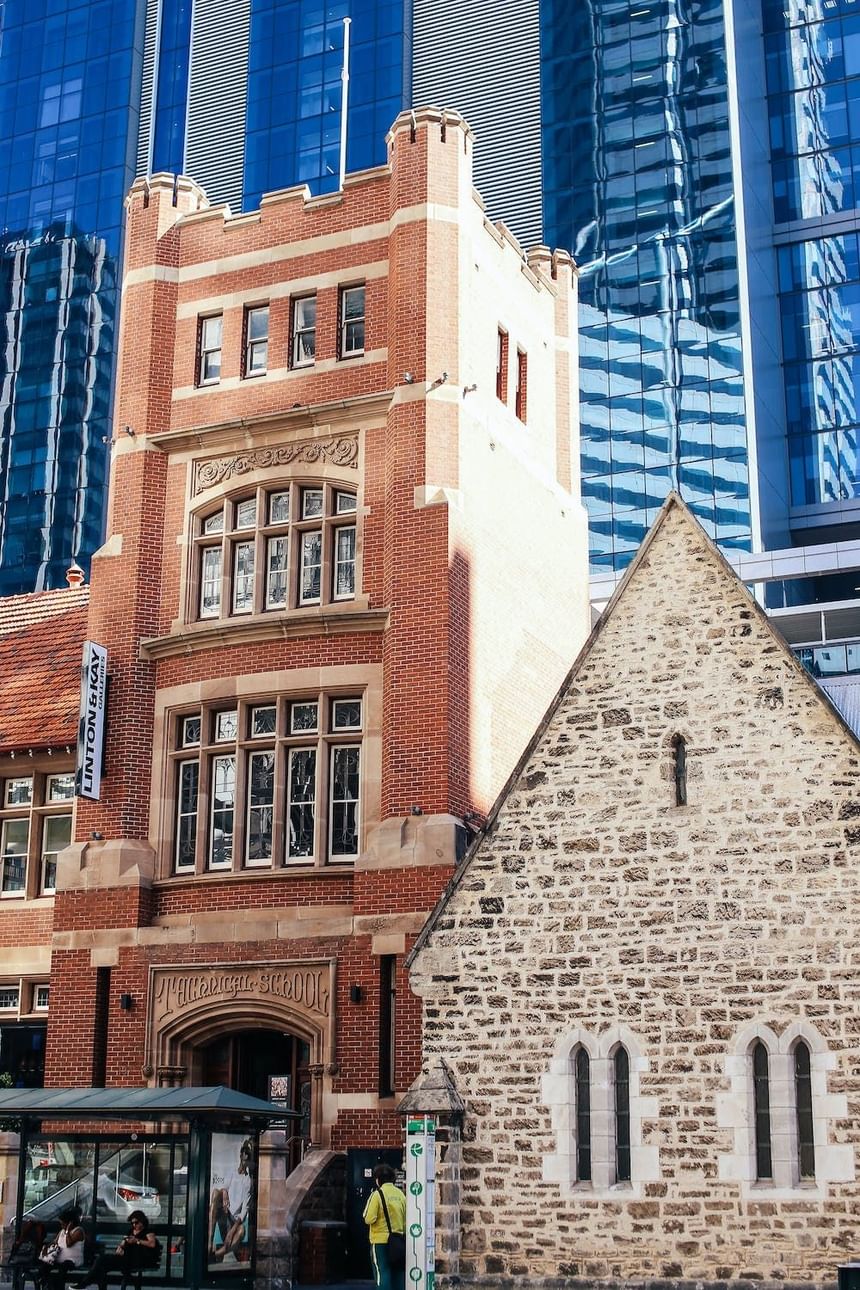 Exterior view of Old Perth Technical School with a textured brick wall at Melbourne Hotel Perth