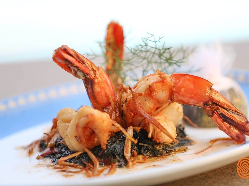 Closeup of Prawns dish at Ziwani Café in Lake Kivu Serena Hotel