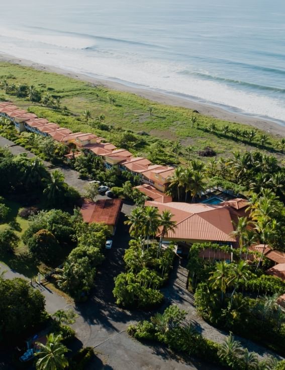 Aerial view of Las Olas Resort with red-roofed buildings beside a beach with lush greenery