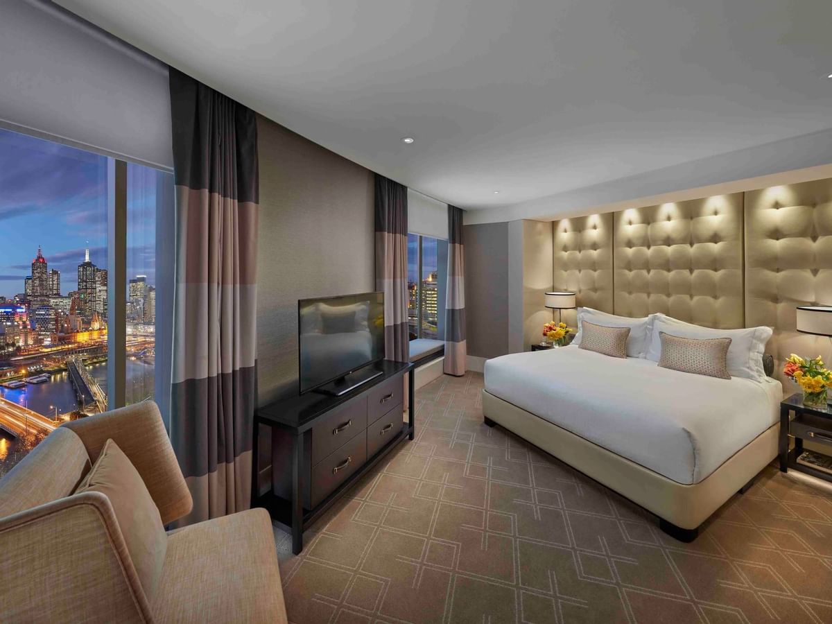 Bed & furniture in Studio Room at Crown Promenade Melbourne