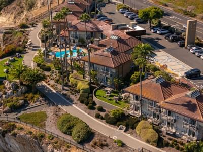 Aerial view of hotel path and pool