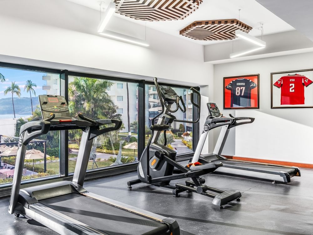 Wellness Center with treadmills, ellipticals, framed sports jerseys, and a sunny garden view from Sunvivia Mazatlán
