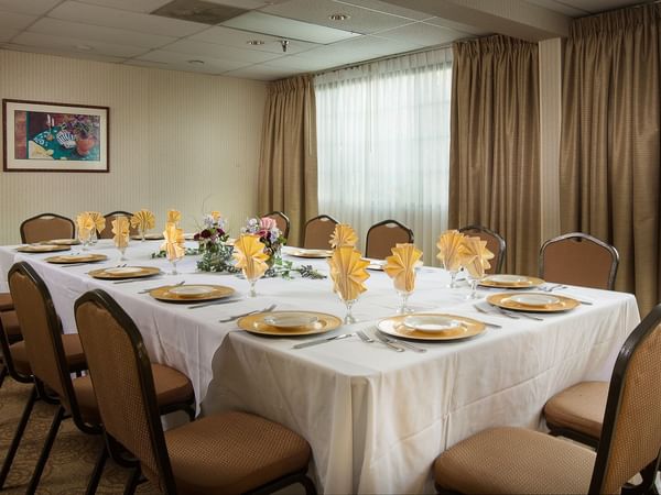 Dining table set up in event room