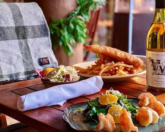 Food and wine served at the terrace in Alderbrook Resort & Spa