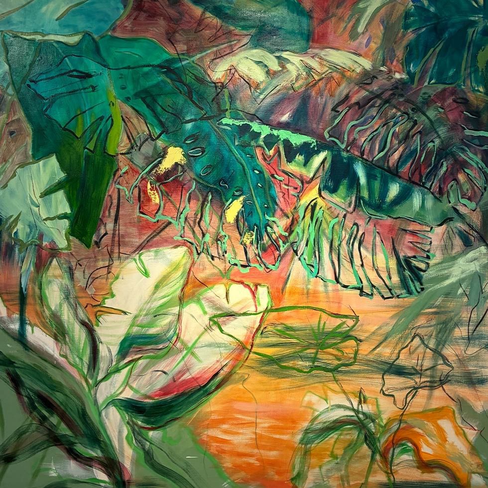 Abstract painting of tropical foliage with vibrant green, red, and orange colors and flowing brush strokes.