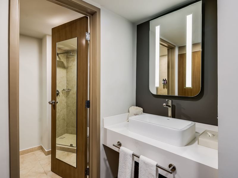 Modern bathroom featuring a sleek vanity with a basin, a mirror, and a glass shower door in Executive King at Fiesta Inn