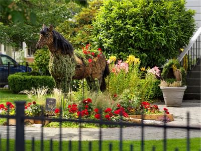 Horse statue with blooming flowers in the garden at Pendray Inn & Tea House
