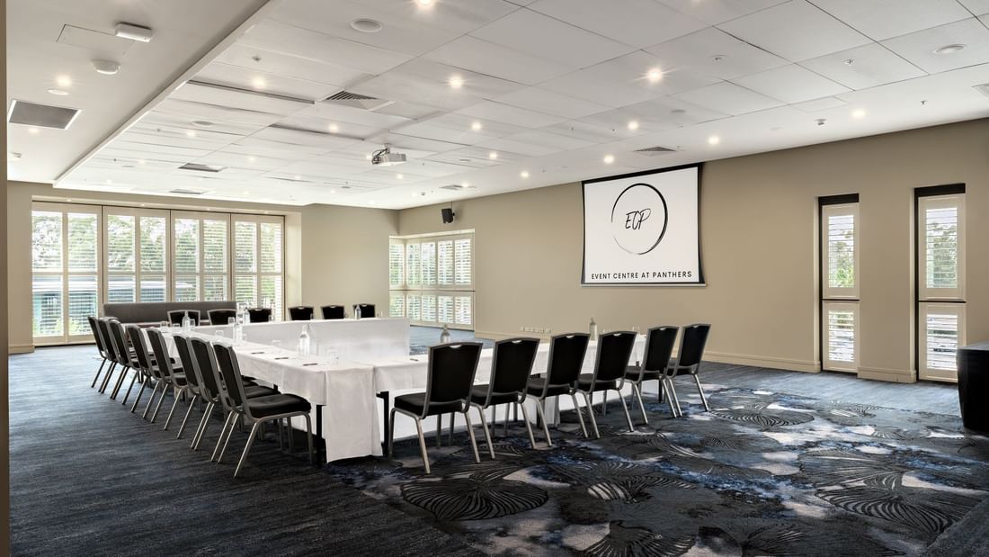 Hunter room conference room setup with U-shaped tables at Event Centre at Panthers near Mercure Penrith in Penrith.