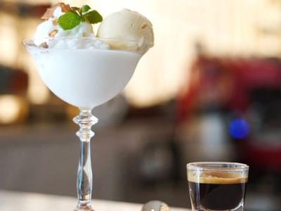 Close-up of sorbet & espresso served at Hanoi Daewoo Hotel