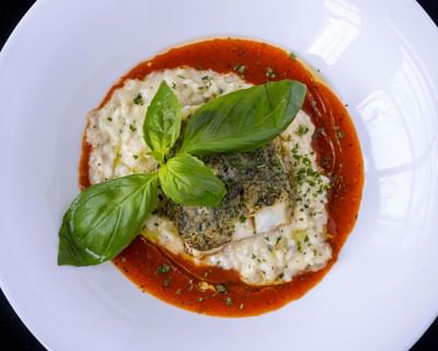 Herb-crusted fish over risotto with tomato sauce and basil served in the restaurant at The Ashbrook Hotel