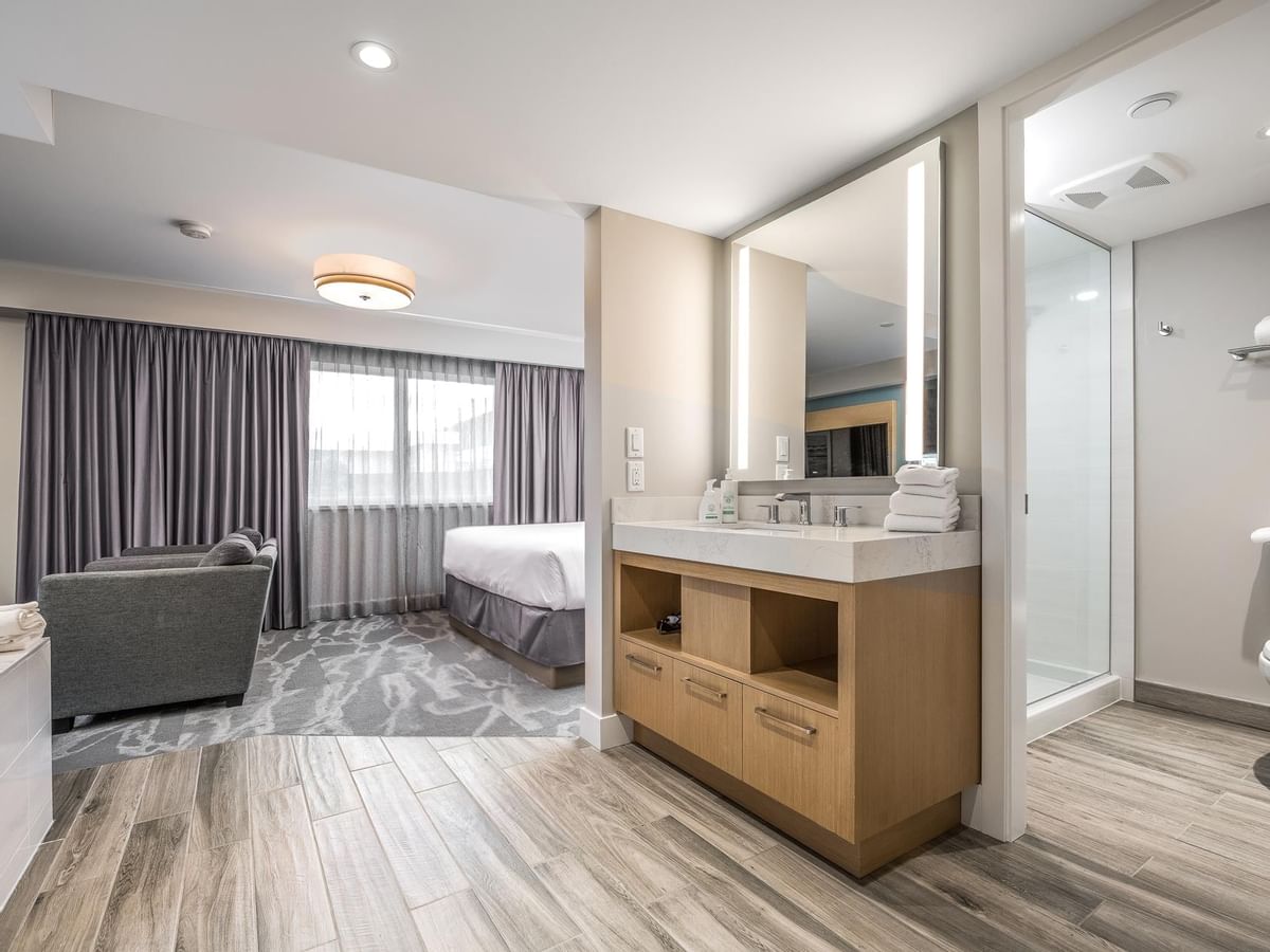 View of the vanity and bathroom