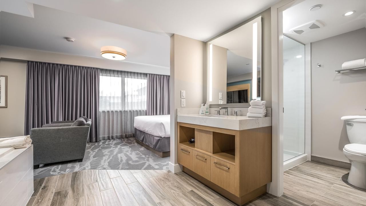 View of the vanity and bathroom