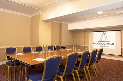 Meeting table set-up in Marston Suite, Bridgewood Manor Hotel