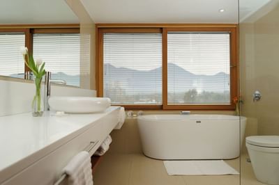 Bañera junto a la ventana bajo techo con vista a la montaña en Terrace Suite de NOI Vitacura en Santiago, Chile